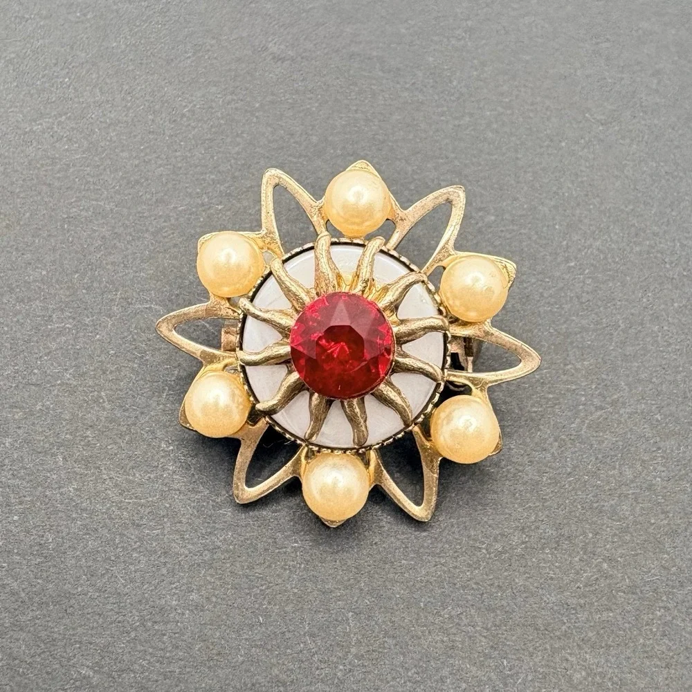 Vintage Starburst Brooch Red Rhinestone Faux Pearl Snowflake Gold Tone Dainty 1